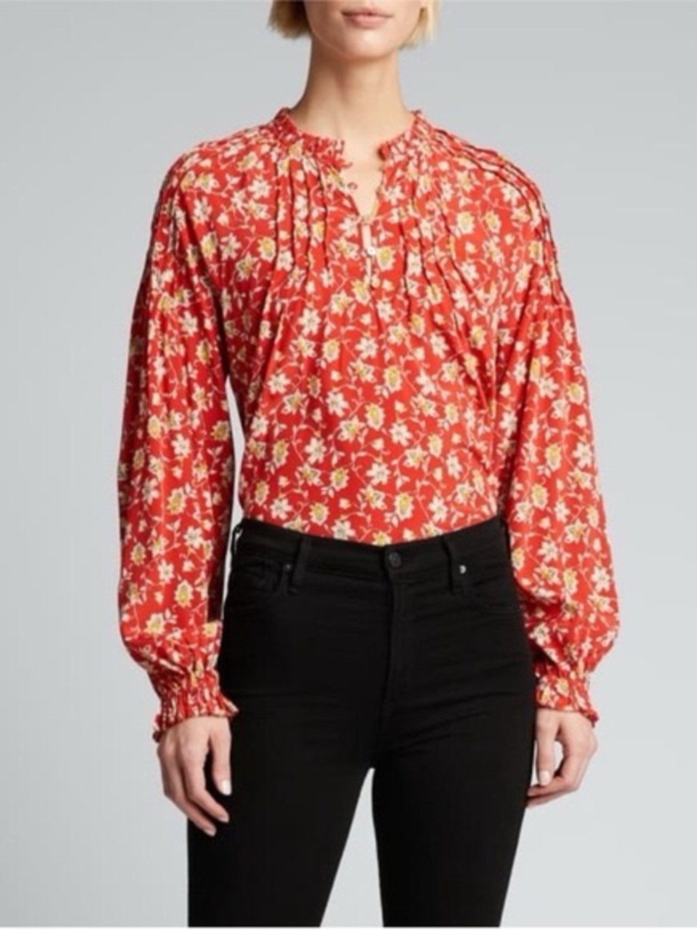 Veronica Beard Red Floral Pintuck Long-Sleeve Women's Top 100% Silk